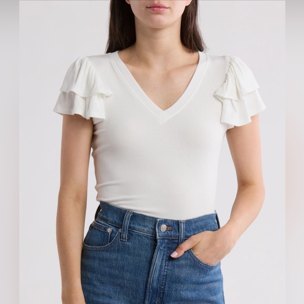 NEW…1.State Flutter Sleeve Ribbed V-Neck Top